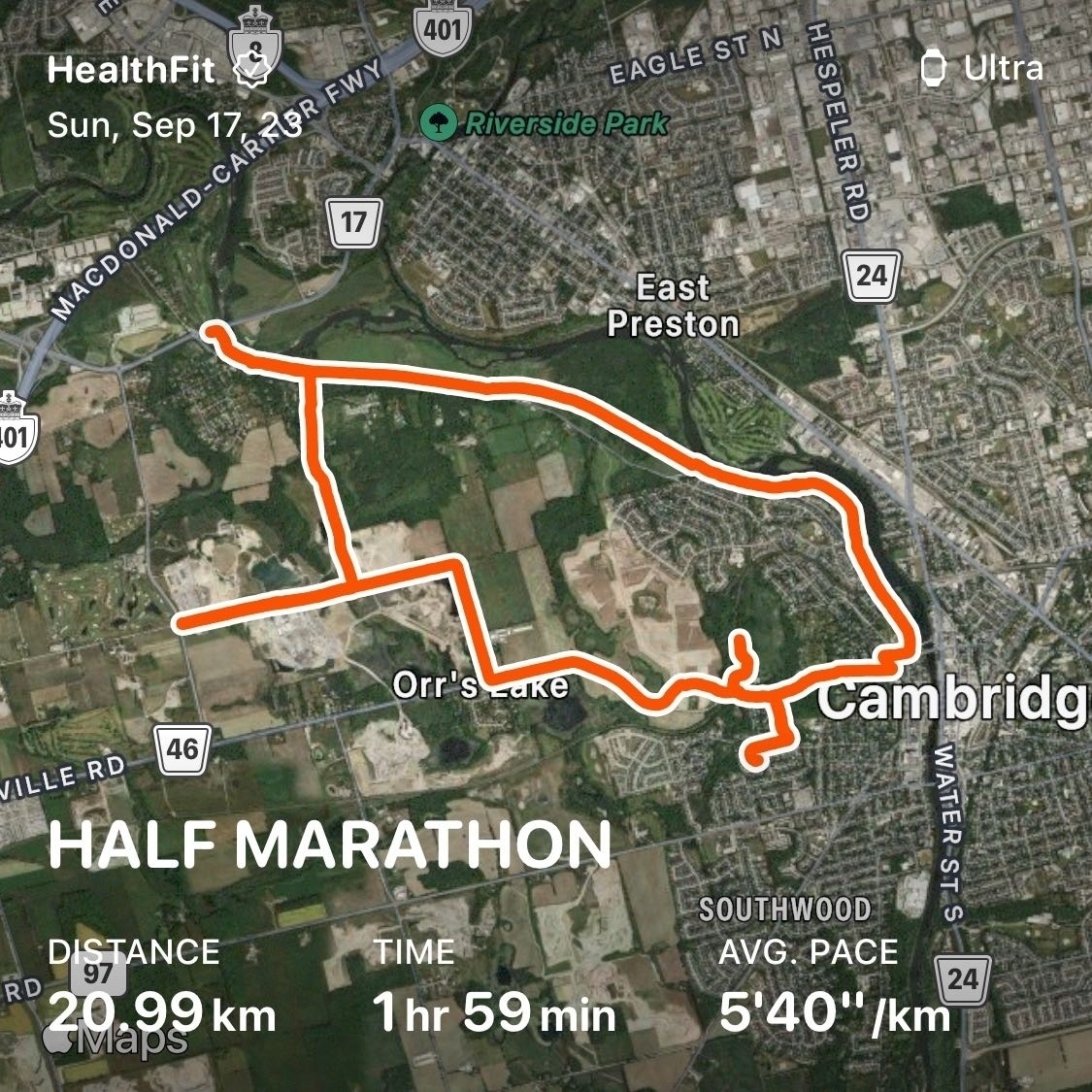 Map of the run in Cambridge. 20.99km in 1:59