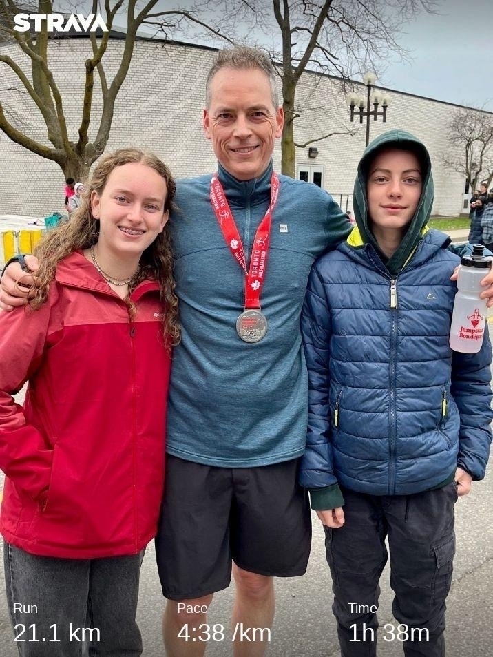 Family photo of my kids with me at the end of the race
