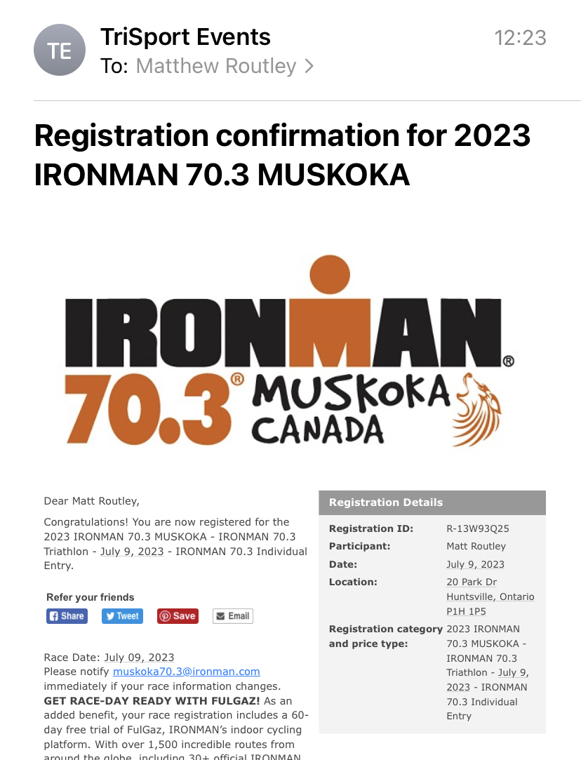 Screenshot of email confirming registration 