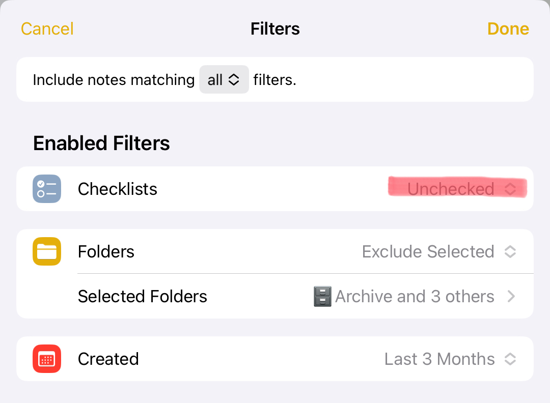Screenshot of the smart search interface in Apple Notes showing the checklist search criterion 
