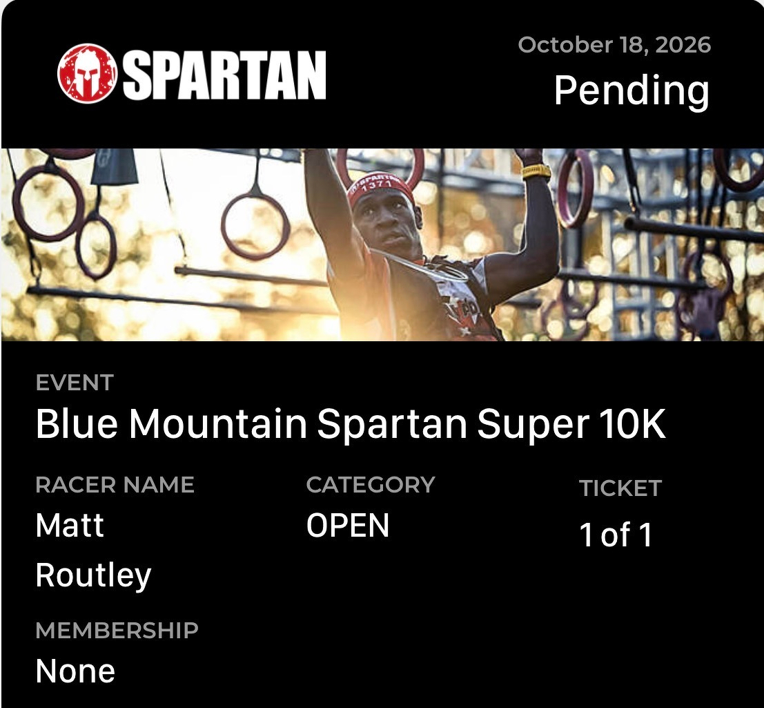 A Spartan event ticket for Blue Mountain Spartan Super 10K, scheduled for October 18, 2026, with a participant named Matt Routley and ticket status as pending.